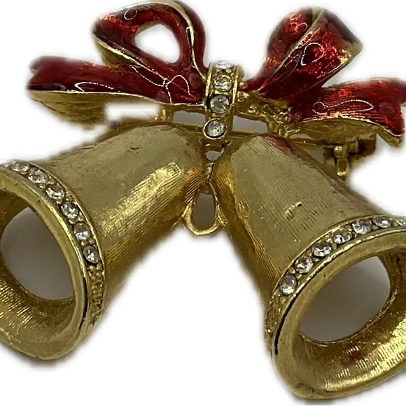 Christmas Bells Brooch Red Ribbon Faux Gold Bells Hollow Back Rhinestones - Picture 1 of 5
